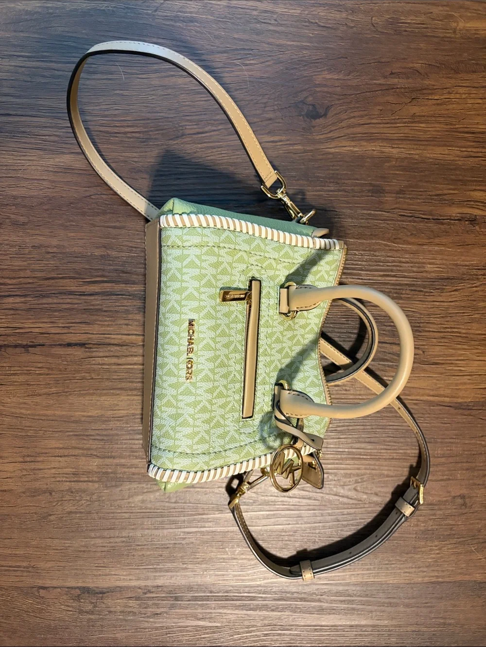 Michael Kors Light Green Signature Satchel with Beige Trim